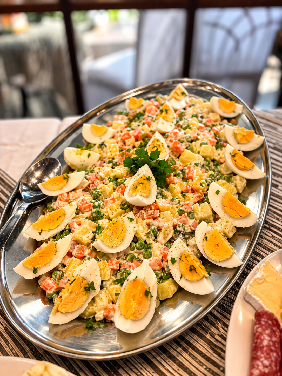 Insalata russa decorata con uova sode