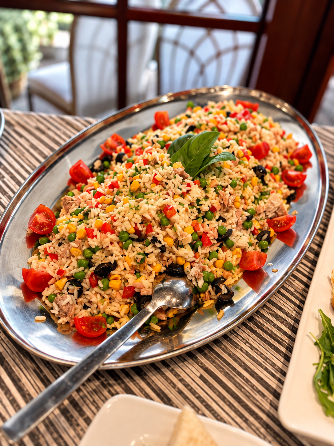 Insalata di riso colorata su vassoio d'acciaio
